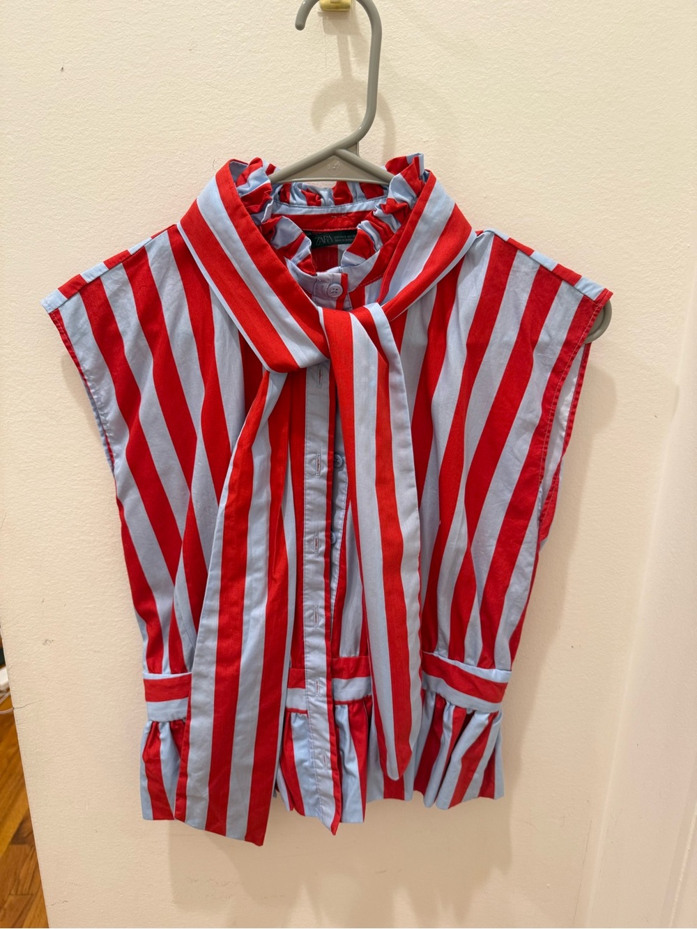 Zara Red & Light Blue Striped Tie-Neck Blouse